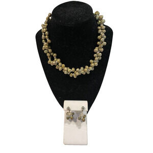 Beaded gold cluster statement necklace set matching earrings clear beads demure